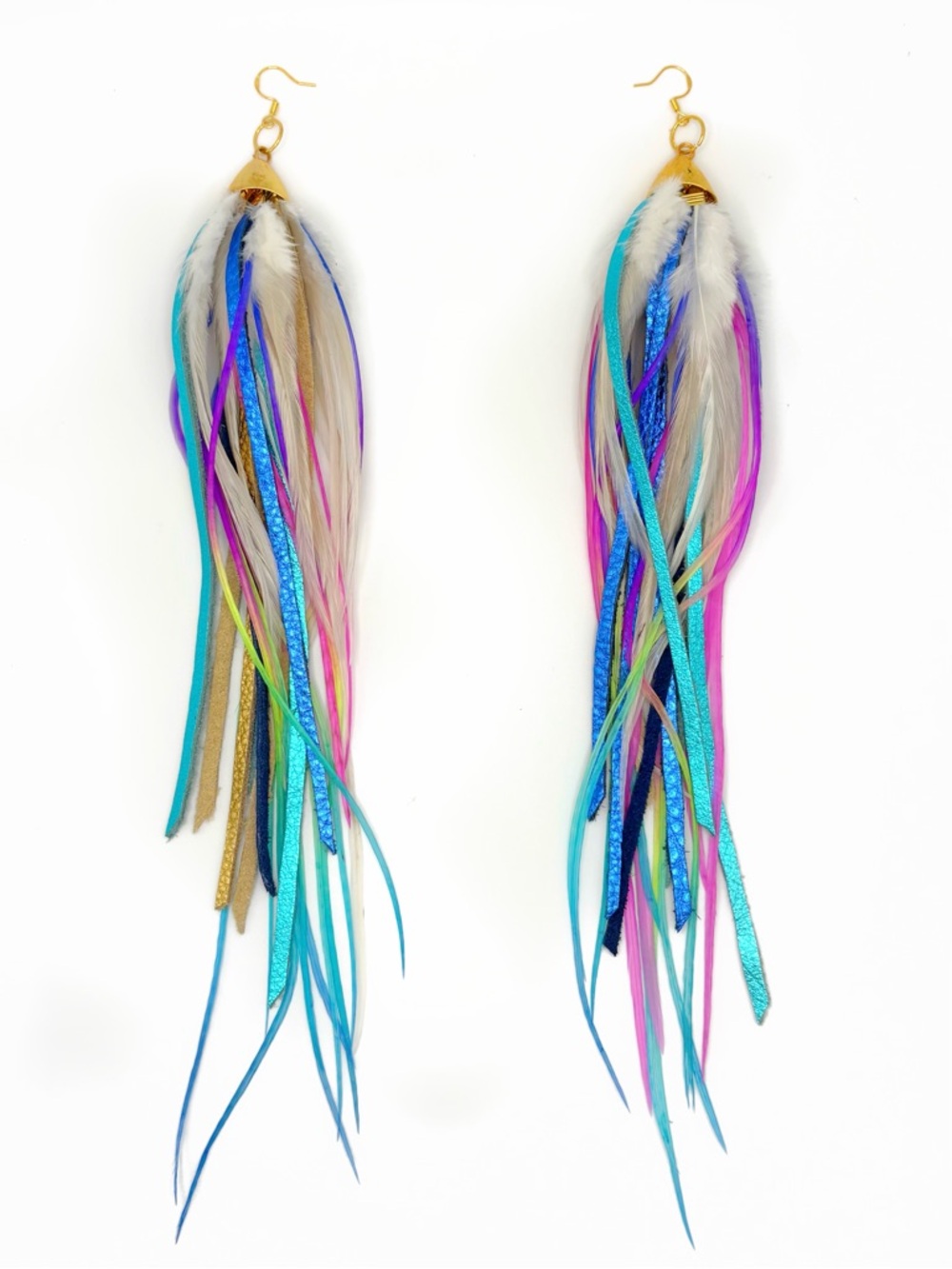 Colorful Feather & Leather Dangle Earrings - Neon Teal, Pink, Blue, Gold, White
